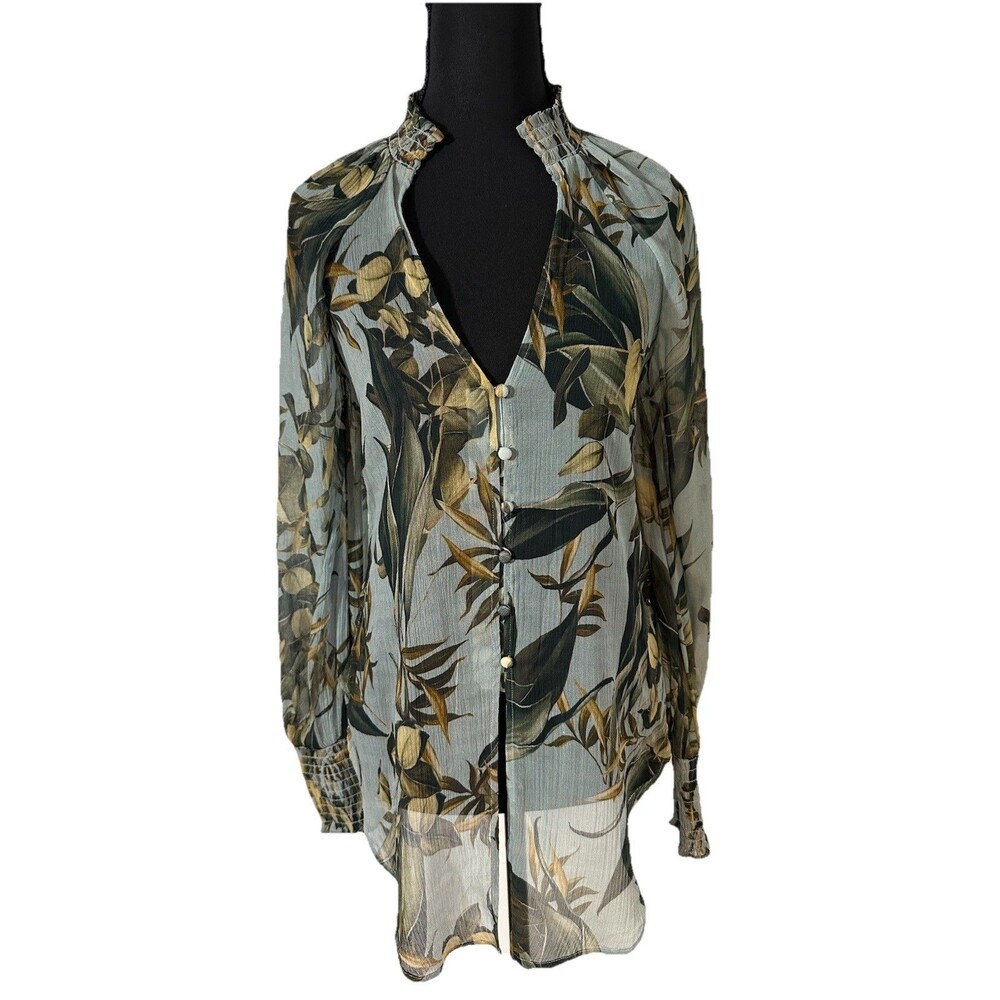 GUESS Sheer Floral Blouse Women Long Sleeve Smocked Cuffs Boho Peasant Top Sz XS